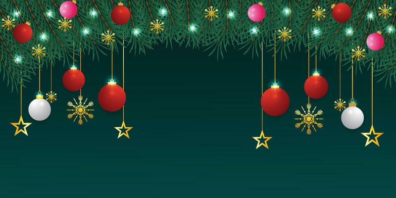 Realistic Christmas green leaf banner with red and white balls with lights and golden stars with snowflakes and a dark green background.