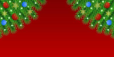 Realistic Christmas green leaf banner with blue and red balls with lights and snowflakes with red background. vector