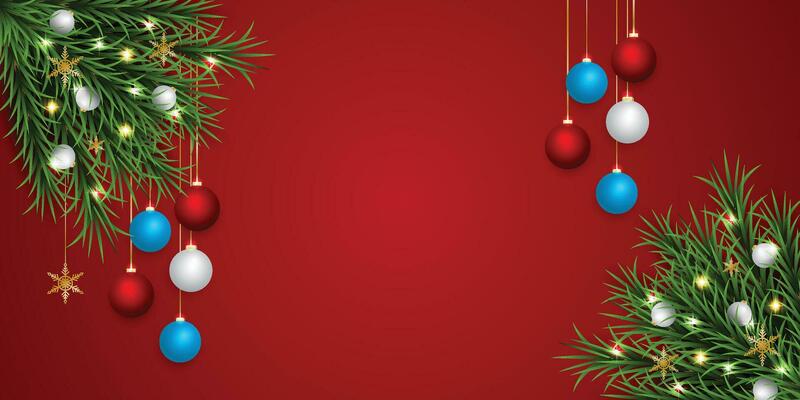 Realistic Christmas green leaf banner with blue and white balls with lights and a red background with snowflakes.