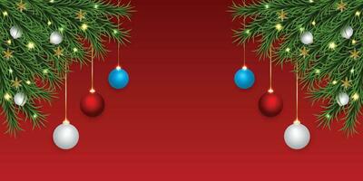 Christmas green leaf banner with red and white balls with lights and a red background. vector