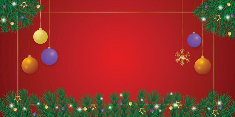 Realistic Christmas green leaf banner with blue and yellow balls with lights and golden stars with snowflakes and a red background.