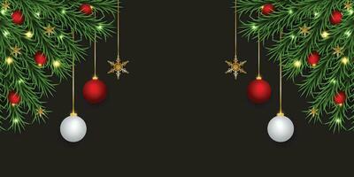 Christmas green leaf banner with red and white balls with lights and a black background. vector