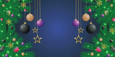 Realistic Christmas green leaf banner with blue and black balls with lights and golden stars with snowflakes. vector