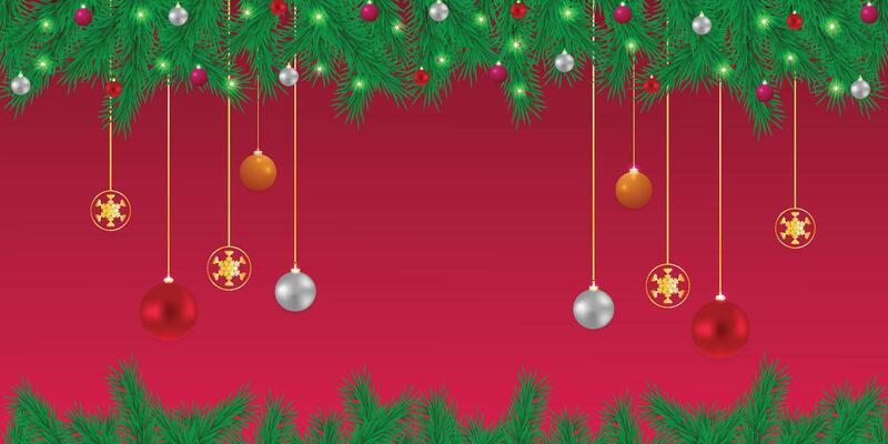 Realistic Christmas green leaf banner with golden and red balls with lights and a red background with snowflakes.