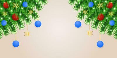 Realistic Christmas green leaf banner with blue and red balls with lights and snowflakes. vector