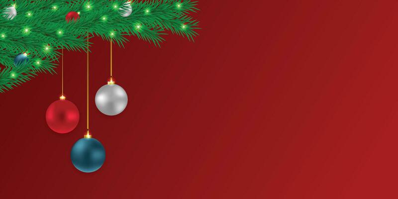 Realistic Christmas green leaf banner with red and white balls with lights.