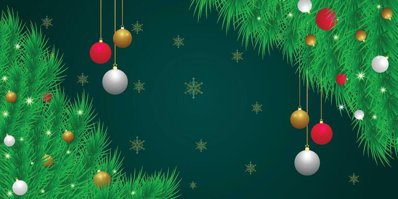 Realistic Christmas green leaf banner with red and white balls with lights and snowflakes.