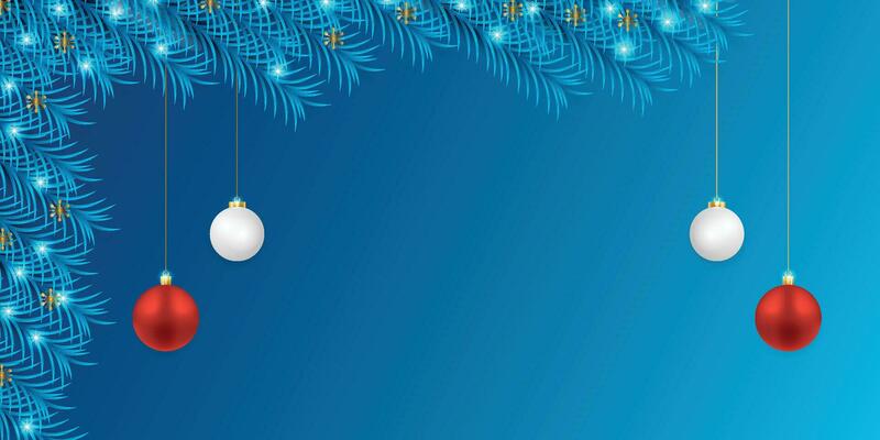 Realistic Christmas blue leaf banner with red and white balls with lights and stars.