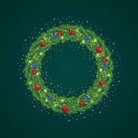 Realistic Christmas green wreath with red and blue balls with snow and red flowers with golden stars and golden lights. vector