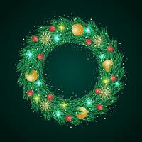 Merry Christmas black background with wreath and green leaves and red balls with snow vector