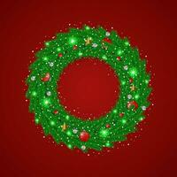 Christmas green wreath with white and red balls with Snow and light with golden stars. vector