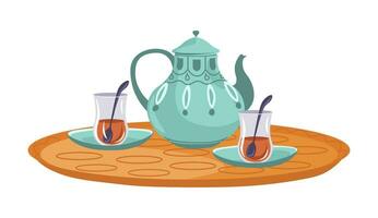 Turkish tea in cups and pot place on tray vector