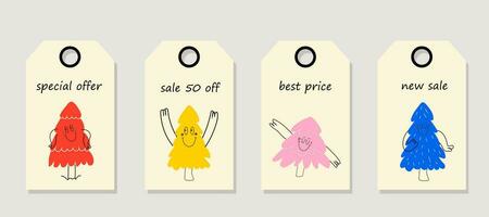 Vector set of discount price tags. Labels with Christmas tree with face emotions, hands and legs. Christmas sale.