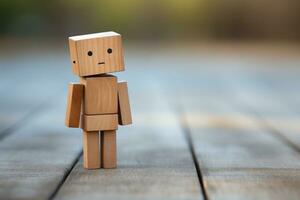 Sad and lonely wooden man on a wooden surface on a blurred natural background. The concept of loneliness, sadness, waiting. Generative AI photo