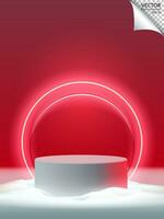 Red podium with neon two rings on snow, Red studio background, Merry christmas and a happy new year. Vertical layout .Vector illustration vector