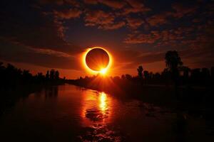 Natural phenomenon - total solar eclipse, river, trees in the dark. Generated by artificial intelligence photo