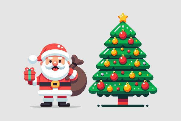 A cheerful Santa Claus holding a gift bag. A Christmas tree adorned with ornaments.Christmas Magic, Festive Digital Illustration