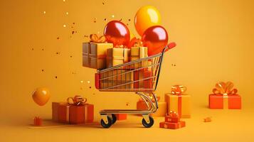 Shopping Cart with Gifts and Balloons on Yellow Background photo