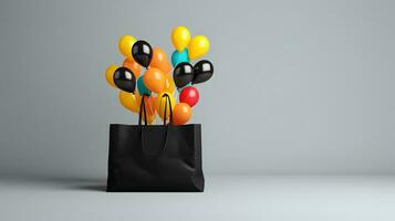 Black Shopping Bag Releasing and Black Balloons on a Gray Background photo