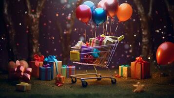 Cart Full of Gifts and Balloons in a Sparkling Forest photo