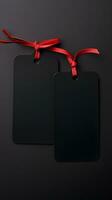 Two Black Gift Tags Adorned with Bright Red Ribbons photo