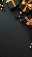 Black and Gold Christmas Presents and Ornaments on Dark Background photo