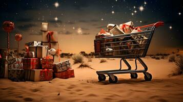 Shopping Cart Full of Red, White, and Gold Gifts in Desert Under Starry Night Sky photo