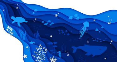 Sea paper cut landscape with water wave and animal vector