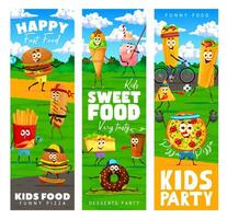 Cartoon fastfood characters on sports banner vector