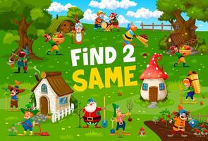 Find two same cartoon fairytale funny gnomes, game vector