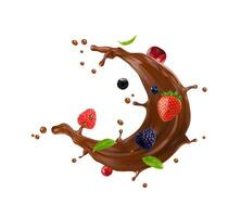 Chocolate and choco milk swirl splash with berries vector