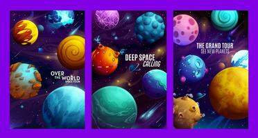 Cartoon galaxy space fantastic planets posters vector