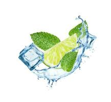 Mojito drink ice cubes, lime slice water splash vector