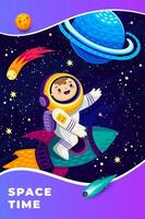 Cartoon kid astronaut on space rocket in galaxy vector