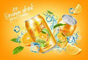 Cool orange drink can, orange slices, water splash vector