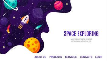 Galaxy space exploring landing page with rocket vector