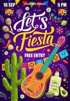 Mexican fiesta party flyer, guitar, maracas, flags vector