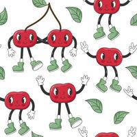 Funny Retro Groovy Pattern with Cartoon Hippie Characters. Comic Cherries with faces, hands and legs. Groovy Summer Vector Berry Print. Sweet Juicy Fresh Fruits.