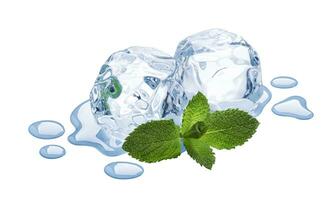 Ice cubes with mint leaves isolated on white photo