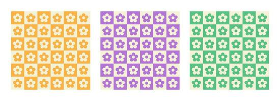Collection of retro checkered seamless pattern with floral elements. Vector illustration of pastel colors in style 70s, 80s.