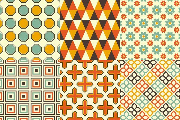 Set of pattern in retro style. Abstract texture decorative 50's, 60's, 70's style. Can be used for fabric, wallpaper, textile, wall decoration. Vector illustration