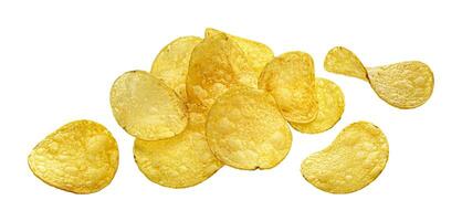 Heap of natural potato chips isolated on white background photo