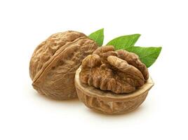 Walnuts with leaves isolated on white background photo