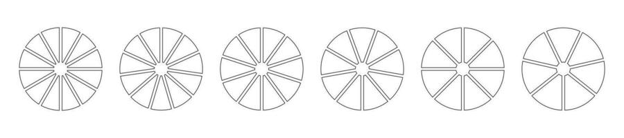 Pie chart templates. Circle divided on 12, 11, 10, 9, 8, 7 equal slices. Graph line art. Wheel diagrams with twelve, eleven, ten, nine, eight, seven sectors. Outline donut chart, pie segmented. Vector
