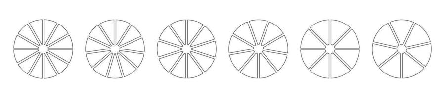 tarta gráfico plantillas. circulo dividido en 12, 11, 10, 9, 8, 7 7 igual rebanadas grafico línea Arte. rueda diagramas con doce, once, diez, nueve, ocho, Siete sectores contorno rosquilla cuadro, tarta segmentario. vector