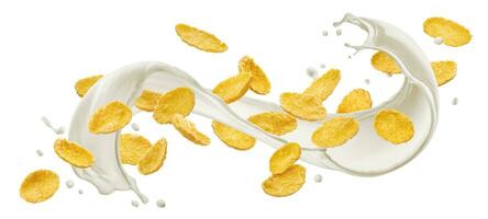 Corn flakes with milk splash isolated on white background photo