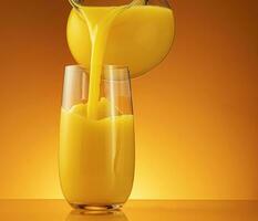 Orange juice pouring into glass with splash photo