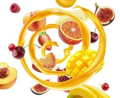Orange juice spiral splash with flying fruits isolated on white background photo