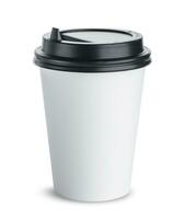 Paper coffee cup with black lid isolated on white photo