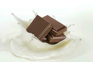 piezas de chocolate que cae dentro salpicaduras Leche en blanco antecedentes foto